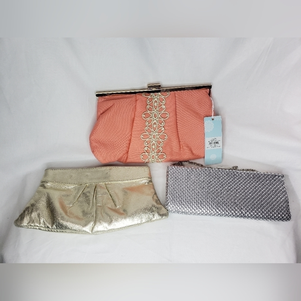 Lot of 3 clutches. Pink Bap Lady Mudpie- nwt, silver and gold are used.